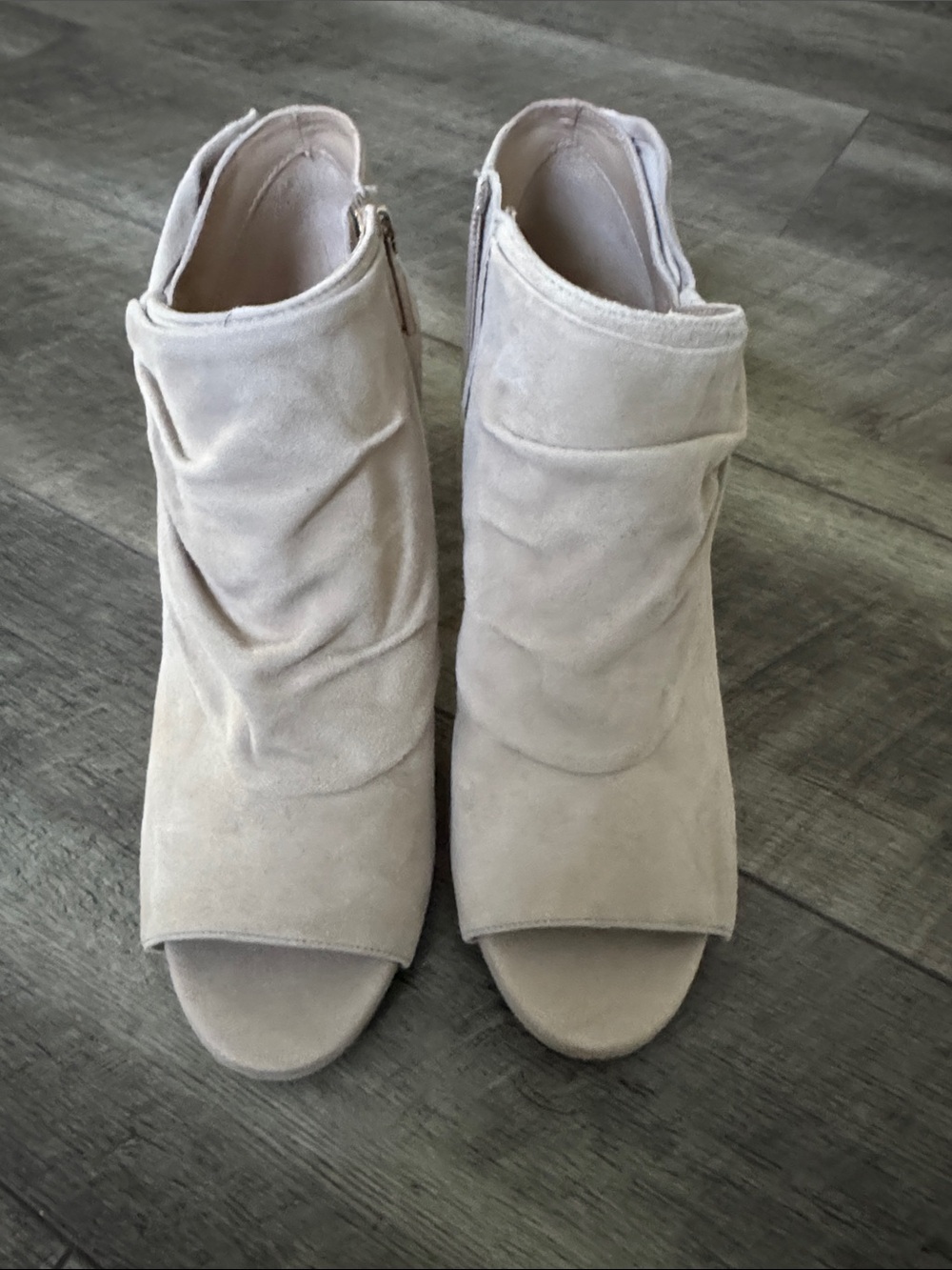 White House Black Market Taupe Suede Open-Toe Ankle Booties with Bows, worn once